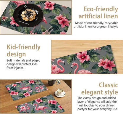 Pink Flamingo Placemats Set of 6, Tropical Palm Leaves Waterproof Linen Fabric, Non-Slip Backing & Easy Clean, Elegant Dining Table Placemats for Family and Guests