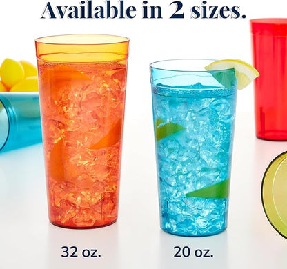 US Acrylic Café Plastic Reusable Tumblers (Set of 12) 32-ounce Iced-Tea Cups, Assorted | Value Set of Restaurant Style Drinking Glasses, Stackable, BPA-free, Made in the USA | Top-rack Dishwasher Safe