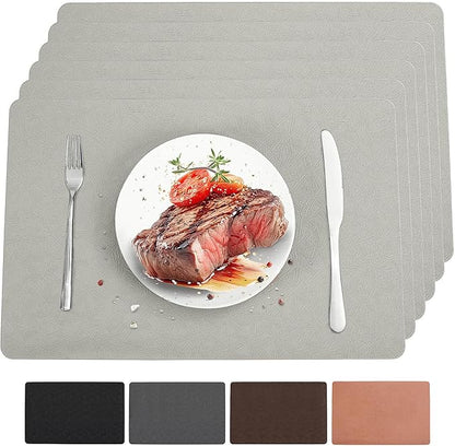 Vinyl Placemats Set of 6 Heat Resistant Easy Clean Non-Slip Place Mats for Dining Table Faux Leather Waterproof Stain Resistant Wipeable Washable PVC Table Mats(6, Light Gray)