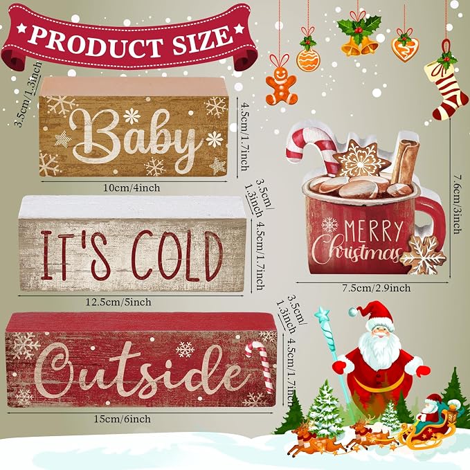 Moucuny 4 Pcs Christmas Table Decor Wooden Hot Cocoa Decoration Christmas - Image 2