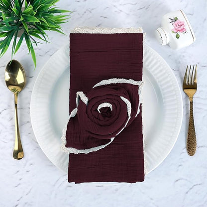 Fingercraft Dinner Cloth Napkin Cotton Muslin Double Gauze 8 Pack with Classic Lace for Everyday Use, Wedding, Party, Christmas, Easter Napkins Cloth are Pre Shrunk and Good Absorbency Chocolate