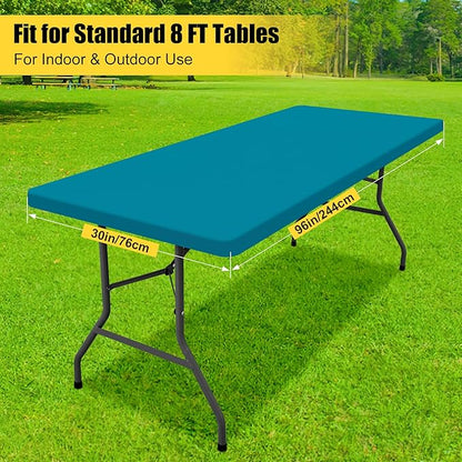 Smiry Rectangle Tablecloth, Elastic Fitted Flannel Backed Vinyl Tablecloths for 8ft Folding Tables, Waterproof Wipeable Table Covers for Indoor, Outdoor, Picnic and Camping (Turquoise, 30"x96")