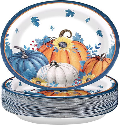 50Pcs Fall Oval Paper Plates Thanksgiving Plates 10" X 12" Large Disposable Blue White Pumpkin Plate Autumn Sunflower Platter Dinner Tableware for Autumn Harvest Thanksgiving Party Decorations