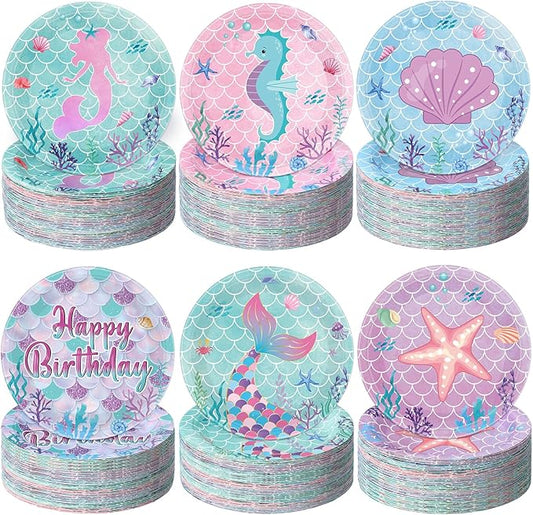 60 Pcs Mermaid Birthday Party Decor 7 Inch Mermaids Dessert Paper Plates Under the Sea Disposable Dinner Cake Plates Princess Shell Dinnerware for Ocean Baby Shower Party Supplies