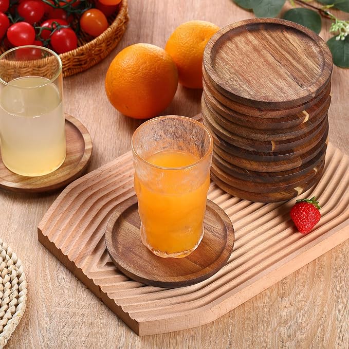 Gejoy 20 Pcs Wooden Coasters for Drinks 5 Inch Natural Stackable Acacia Wood - Image 4