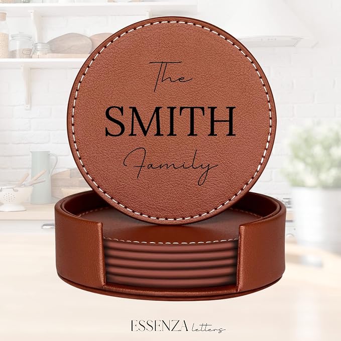 Set of 6 Engraved Leather Coasters - Image 3