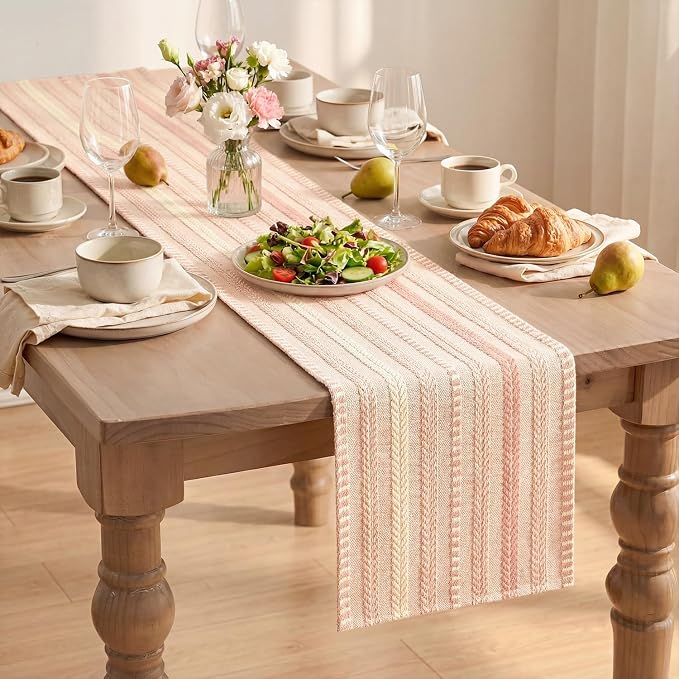 Artoid Mode Pink Farmhouse Stripe Braided Table Runner 12x72 Inch | Holiday - Image 8