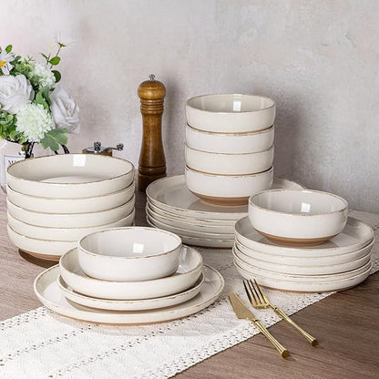 AmorArc Ceramic Dinnerware Sets with Pasta Bowls for 6, Handpainted Plates and Bowls Set with Rustic Terracotta Underside, Scratch Resistant Dishes Set, Dishwasher & Microwave Safe, 24 Pcs
