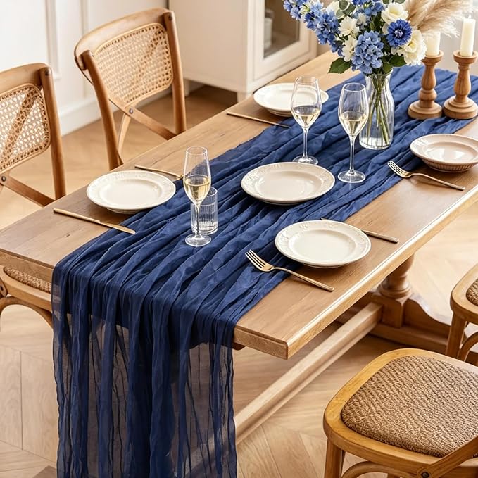 6Pcs Navy Blue Table Runner, 10FT Rustic Gauze Blue Table Runner 35*120inch - Image 3