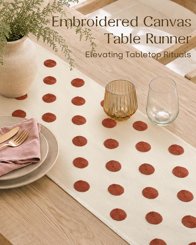 Embroidered Canvas 13"x 72" Narrow Table Runner, Dots | Exquisite Embroidery - Image 2