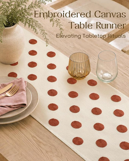 Embroidered Canvas 13"x 72" Narrow Table Runner, Dots | Exquisite Embroidery - Image 2