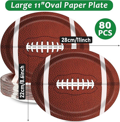 80 PCS Football Oval Paper Plates Large 11” Disposable American Rugby Sport Platters, Touch Down Boy Birthday Theme Party Heavy Duty Dish Tray for BBQ Gathering Picnic Carnival Dinner Party Tableware