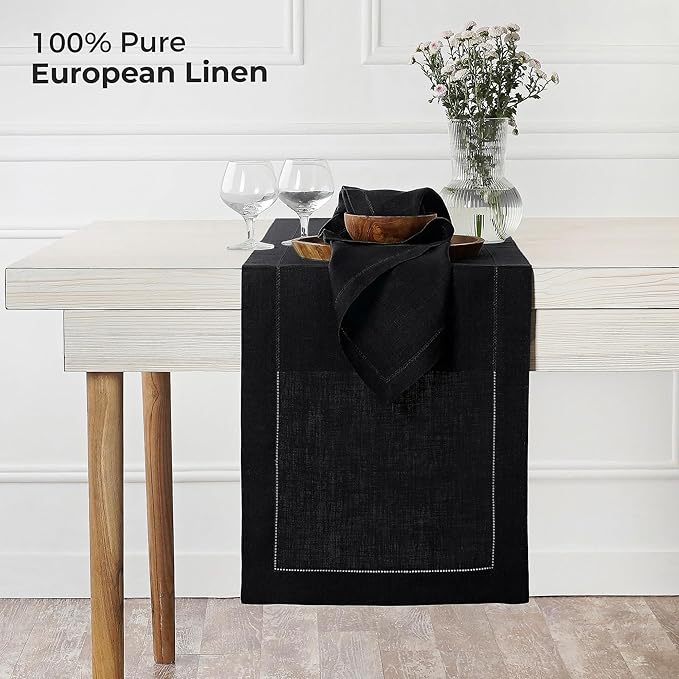 D'Moksha Homes Linen Black Table Runner 90 Inches Long - Classic Hemstitch 100% Pure Linen Dining Table Runner 14 x 90 Inch for Spring, Easter