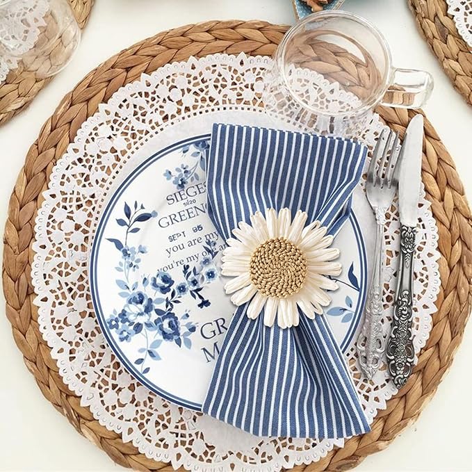 Woven Sunflower Napkin Rings Set of 4, Handmade Faux White Daisy Napkin Ring - Image 4