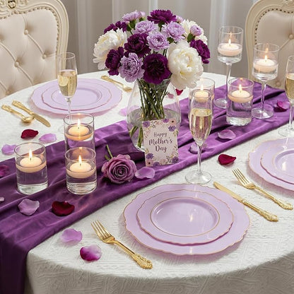 Liacere 350PCS Purple Plastic Plates - Disposable Lavender Plates 50guest Plastic Dinnerware include 100Light purple Plates,50Pack Pre Rolled Napkins Silverware 50Cups for Valentine’s Day＆Easter Day