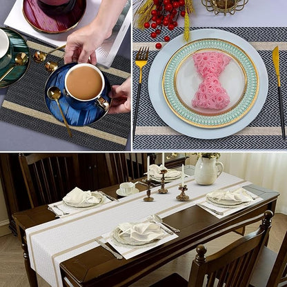 FAVE Placemats Set of 4 Blue Placemats Woven with Golden Thread Durable Wipeable Vinyl Placemats Table Mats Set of 4 for Wedding, Banquet, Birthday, Party, Restaurant Decorations(Blue, 12"x18"-4PCS)