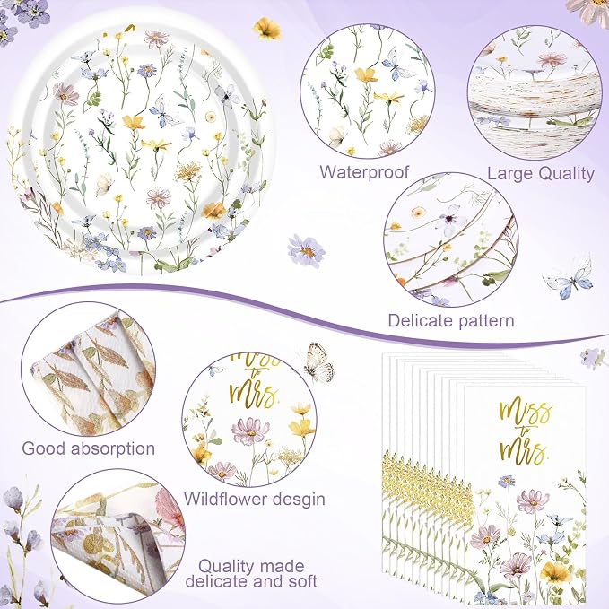 Funnymoom 250 Pcs Miss to Mrs Wildflower Paper Plates Napkins Cups Set | - Image 3