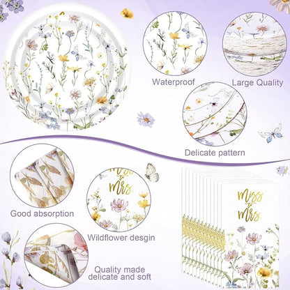 Funnymoom 250 Pcs Miss to Mrs Wildflower Paper Plates Napkins Cups Set | - Image 3