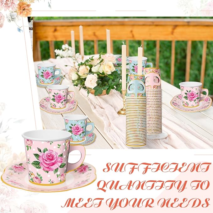 Umigy 60 Sets Floral Tea Party Decorations 6.5 oz Floral Paper Teacups & Saucer - Image 6