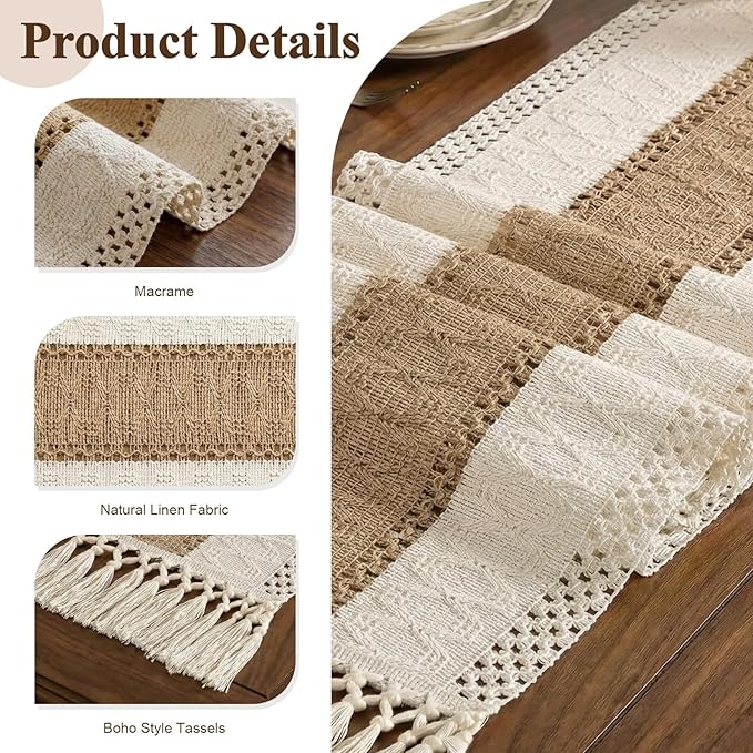 Burlap Boho Table Runner Macrame Brown 90in Farmhouse Woven Runner | Burlap - Image 3