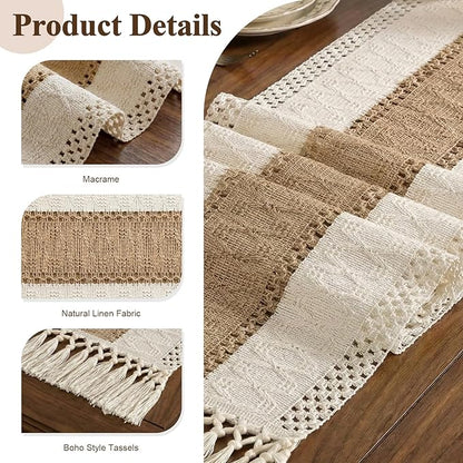 Burlap Boho Table Runner Macrame Brown 90in Farmhouse Woven Runner | Burlap - Image 3