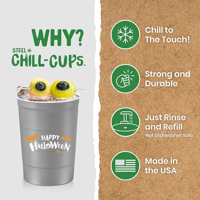 Steel Chill Cups 16 oz. Reusable Party Cups, Happy Halloween, 100% recyclable - Image 3