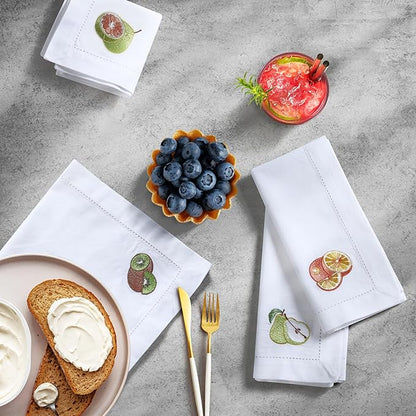 Bedding Craft Cotton Cloth Dinner Napkins Set of 12 – 18x18 Embroidered Motif with Hemstitched Design – Machine Washable Fabric Napkins for Weddings, Baby Showers, Christmas & Everyday Dining