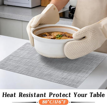 Timeet Placemats Set of 8, Heat Resistant Non-Slip Place Mats for Dining Table, Durable Washable PVC Vinyl Woven Table Mats, Linen Textured Placemats for Kitchen Resistant Easy to Clean(Gray