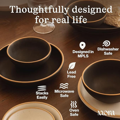 MORA Medium Dishes Set of 4, 30oz Ceramic Pottery Pasta Plate/Wide Bowls - Microwave, Oven and Dishwasher Safe - Merrigold