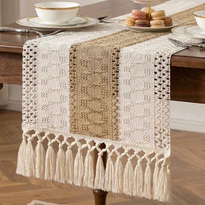 Burlap Boho Table Runner Macrame Brown 36in Farmhouse Woven Runner | Burlap by Xiomot