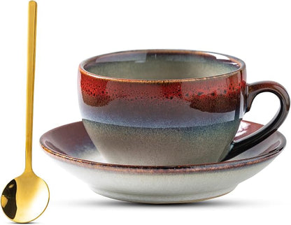 Porcelain Coffee Cup with Saucer Spoon Set, Vintage Design Ceramic Latte Art by Tvvtuww