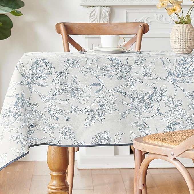 jinchan Blue Floral Linen Rectangle Table Cloth 50 x 84 Inch | Extended table by JINCHAN