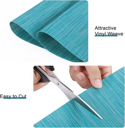 SHACOS Small Round Table Placemats Set of 5 Woven Vinyl Wedge Placemats with Centerpiece Round Table Mats Heat Resistant Wipe Clean (5, Teal Blue)