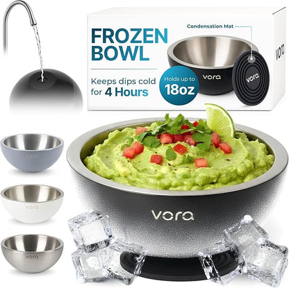 Vora 18oz Dip Chiller Bowl | Black Stainless Steel Chilled Dip Bowl for Dips, Guacamole, Hummus, Salsa | Insulated Serving Dishes with Easiest Water Fill & Refillable Chamber