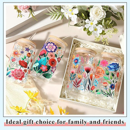 Mumufy 4 Pack Wildflower Glass Cups Gift Aesthetic Cute Glass Cup Tumbler - Image 6