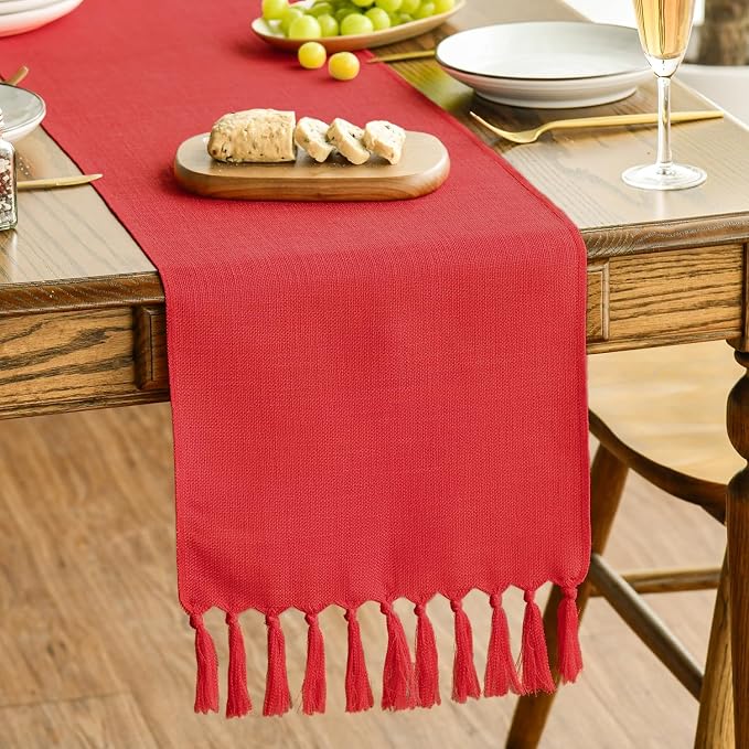 Artoid Mode Red Tassel Table Runner, Christmas Linen Blend Rustic Farmhouse by ArtoidMode