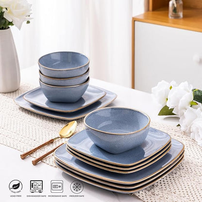 AmorArc Ceramic Dinnerware Sets for 4, 12 Pieces Square Handpainted Plates and Bowls Set, Chip and Scratch Resistant Stoneware Dishes Set, Dishwasher & Microwave Safe, Reactive Blue