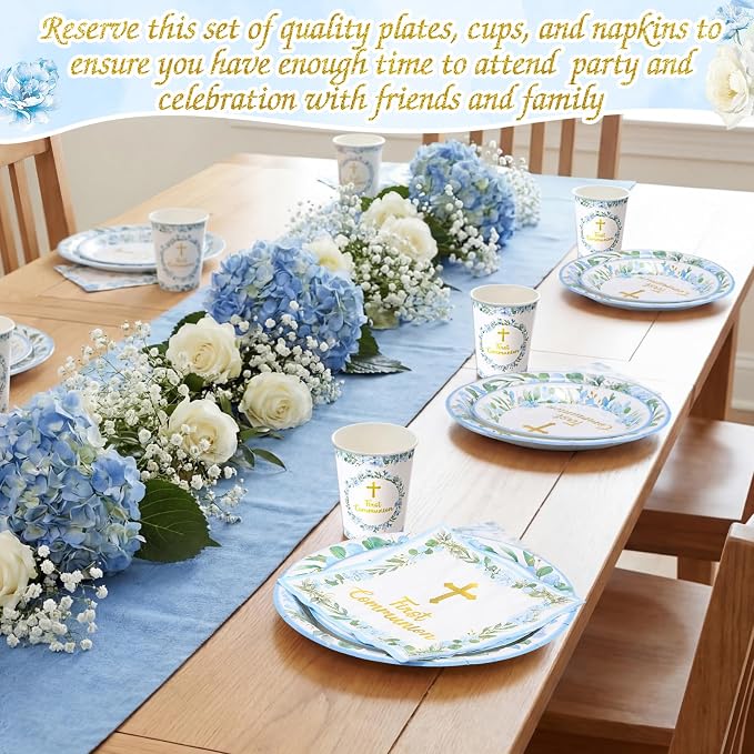 Pickmesh 250 Pcs Blue First Holy Communion Disposable Tableware Set God Bless - Image 5