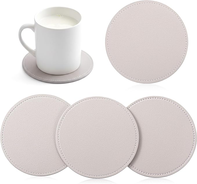 4 PCS Leather Coasters for Drinks, Round Leather Drink Coaster for Table by Unknown