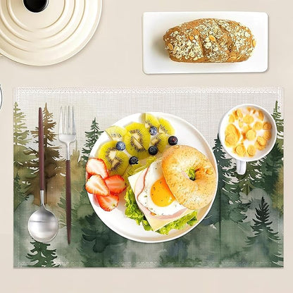 Set of 6 Washable Misty Forest Landscape Placemats Non-Slip Heat-Resistant 12x18 Inch Thick Decorative Linen Table Mats for Dining Table Home Décor