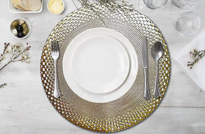 Vinyl Round Placemats Set of 4 - Non Slip Place Mats Ideal for Indoor and Outdoor Dining Table - Washable and Heat Resistant Table Mat for Kitchen Tables (Vincent Gold)