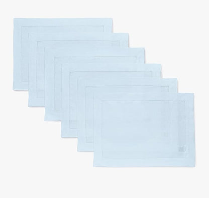Solino Home Linen Cloth Placemats Set of 6-100% Pure Linen Hemstitch Light Blue Placemats 14 x 19 Inch - Classic Hemstitch Table Place Mats for Winter, Spring, Easter