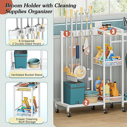 Broom Holder with Cleaning Supplies Organizer, Broom Closet Storage Cabinet with Cleaning Caddy Vacuum Stand, Cleaning Cart with Mop Hanger Gripper Rack Hook, Laundry Room Organization Home Essentials