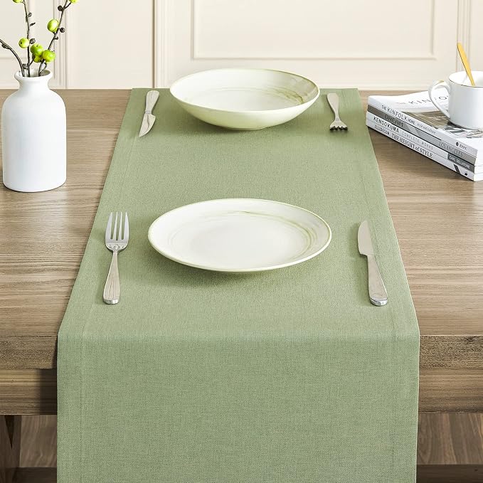 Basic Linen Style Table Runner, 14x90 Inch Sage Green | Mitered Corner Design - Image 5