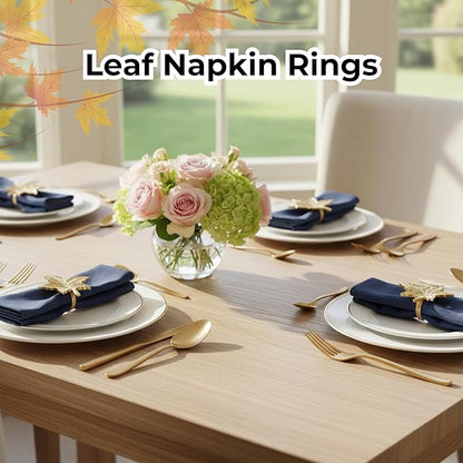 ALPHA Living HOME Leaf Decor Napkin Rings - 12 Pcs Modern Napkin Ring Dining Metal Table Décor for Wedding, Holiday, Thanksgiving, Christmas, Formal Dining & Special Occasions (Gold)