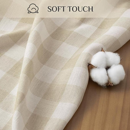 Softalker Checkered Tablecloth Rectangle, Outdoor Linen Cotton Gingham Table Cloth with Tassel, Heavy Duty Wrinkle Free Buffalo Plaid Table Cover for Kitchen Dining Home Party - 55 x 102 Inch, Beige