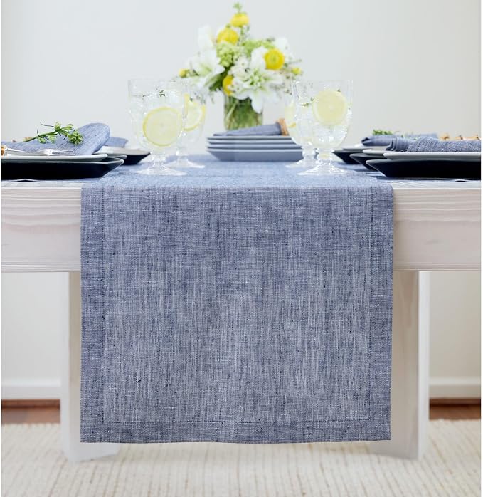 Solino Home 100% Pure Linen Table Runner Indigo Long, Athena 14 x 156 in | - Image 2