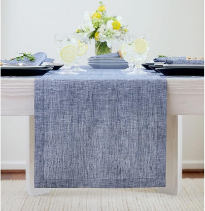 Solino Home 100% Pure Linen Table Runner Chambray Indigo, Athena 14 x 90 in | - Image 2