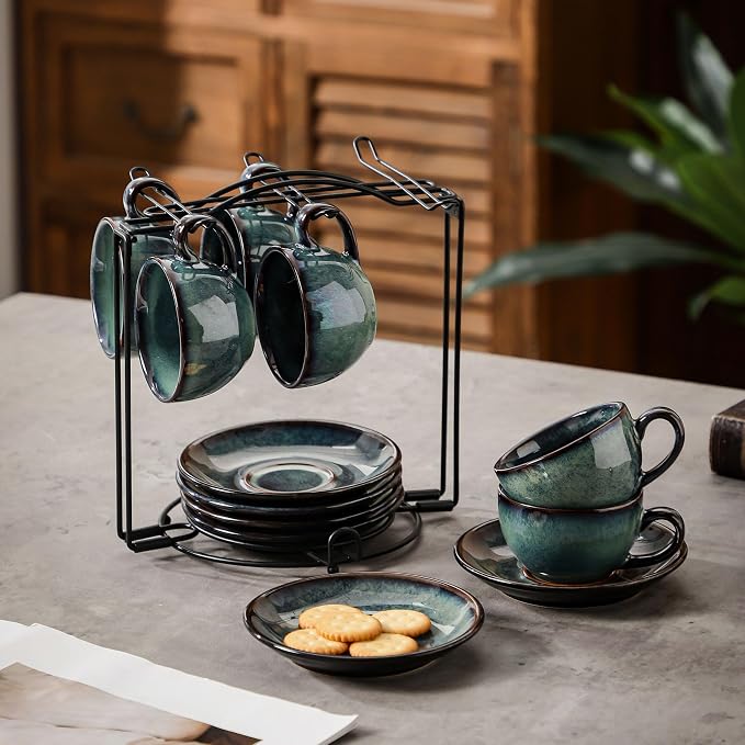 6 sets of 4OZ green coffee cup saucer sets, ceramic coffee cups - Image 6