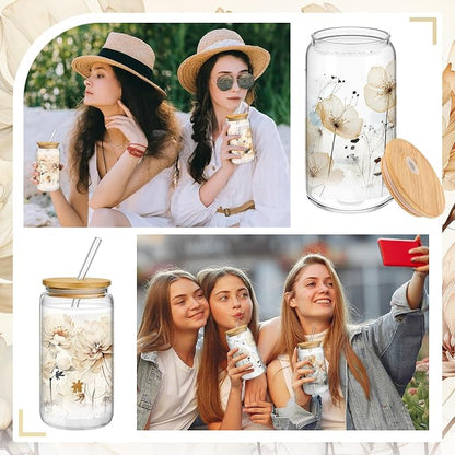 Mumufy 4 Pack Wildflower Glass Cups Gift Aesthetic Cute Glass Cup Tumbler - Image 7